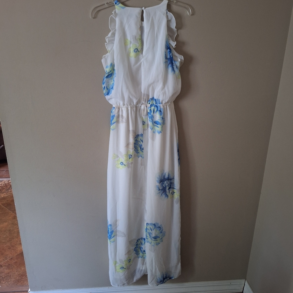 Old Navy White Dress with Blue and Green Floral Pattern Ruffles Mesh Maxi M - Picture 5 of 16